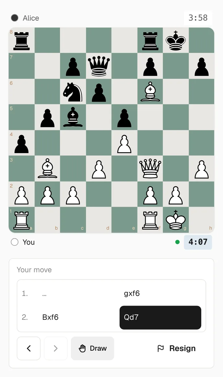 A live game against a friend, played on from the scanned position, with both clocks and the move list